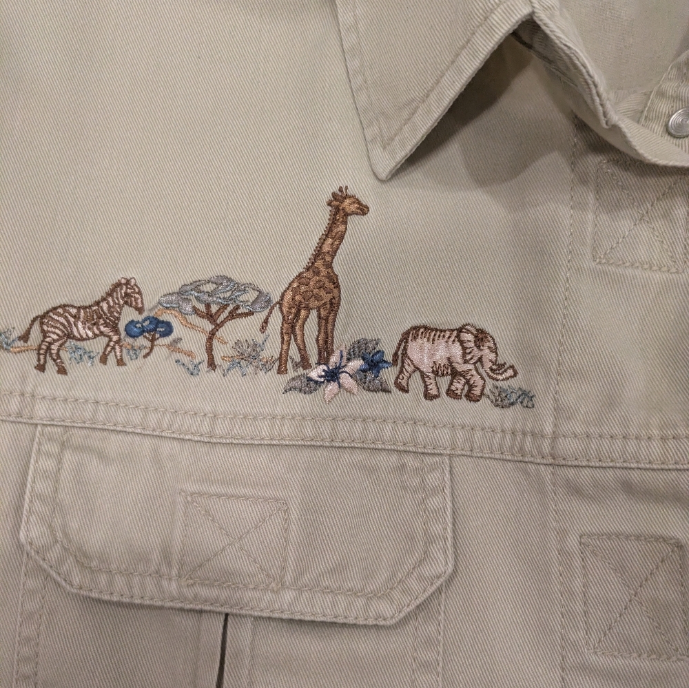 Vintage Velcro Safari Short Sleeve with giraffe and elephant embroidery Size L - Picture 3 of 8